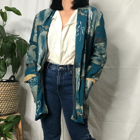 Vintage 1980s geometric floral blazer green medium - Picture 10 of 12